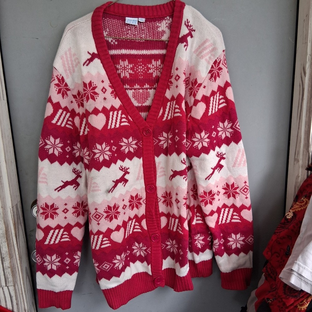 Aldi Gear Pink & White  2025  Christmas Holiday Sweater Cardigan XL EUC